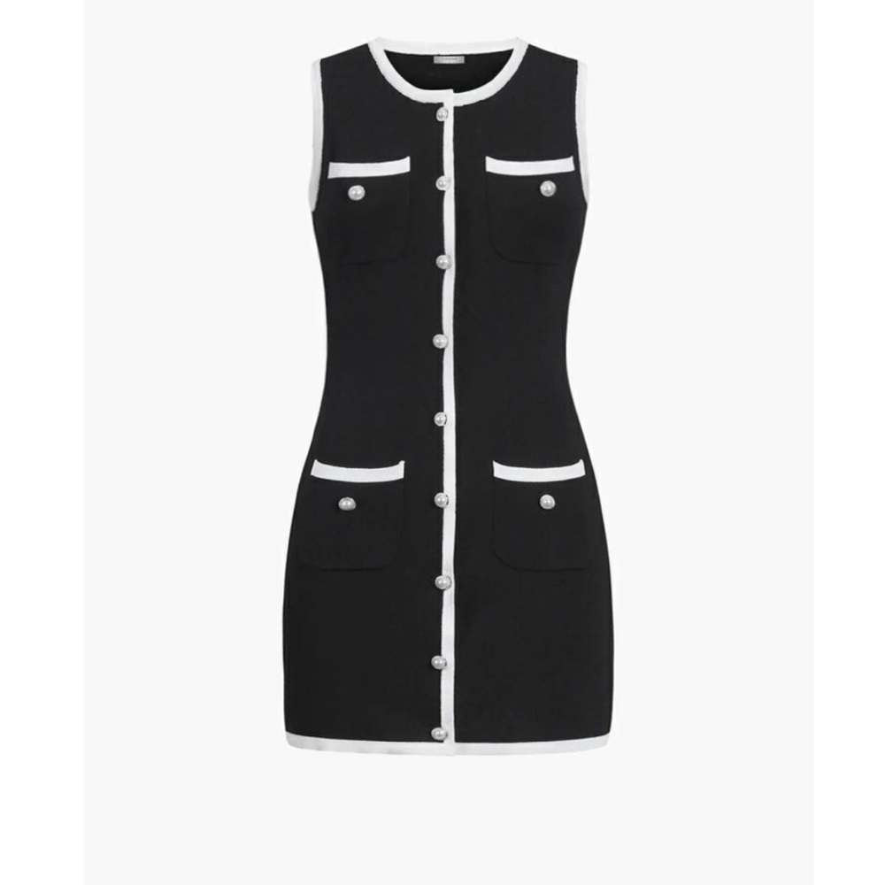 Commense Sleeveless Sweater Mini Dress Button-Front Contrast Trim Black White M - Picture 5 of 10